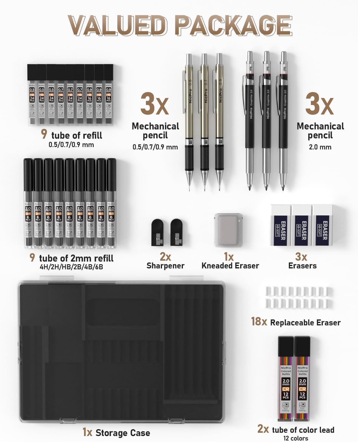 Nicpro 35-Piece Art Mechanical Pencil Set, Metal Pencils 0.5 & 0.7 & 0.9 mm and 3 Pieces 2 mm Lead Pencil with 20 Cans of Replacement Leads (Colours 6B, 4B, 2B HB, 2H, 4H) for Sketching and Drawing – Bild 6