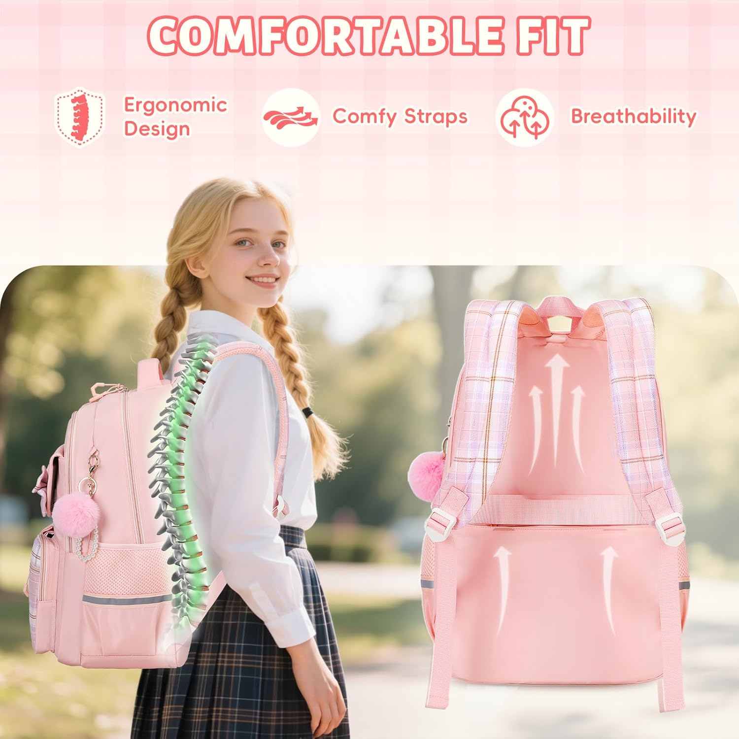 Tanou School Backpack Girls Children's Backpack Waterproof Backpack Teenager Daypack Kawaii Checked School Bag for Girls 9-16 Years with Trolley Strap – Bild 2