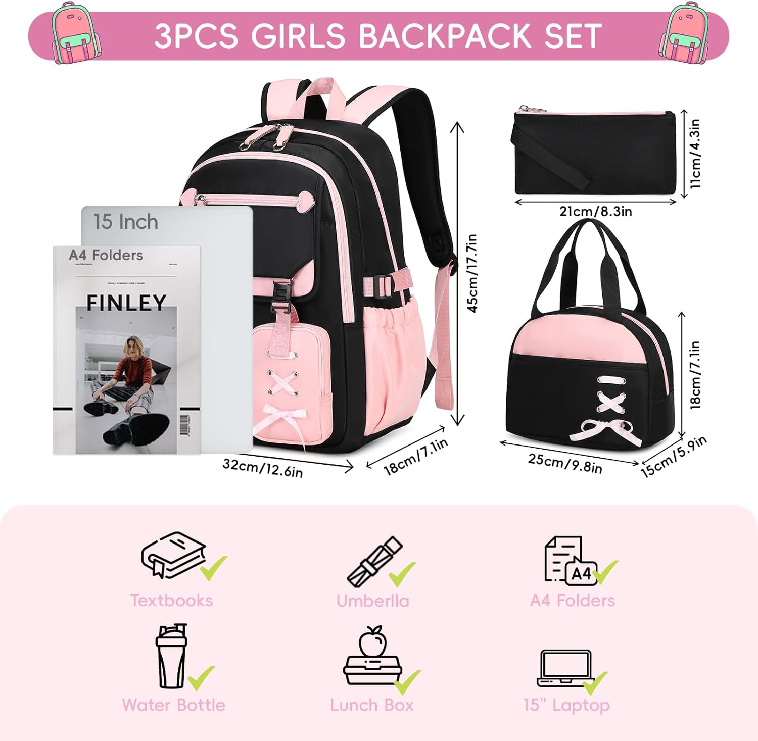Tanou School Backpack Girls Teenagers 3-Piece Casual School Bag for Girls with Lunch Bag Pencil Case Stylish Multiple Compartments Children's School Bag Casual Daypack – Bild 3