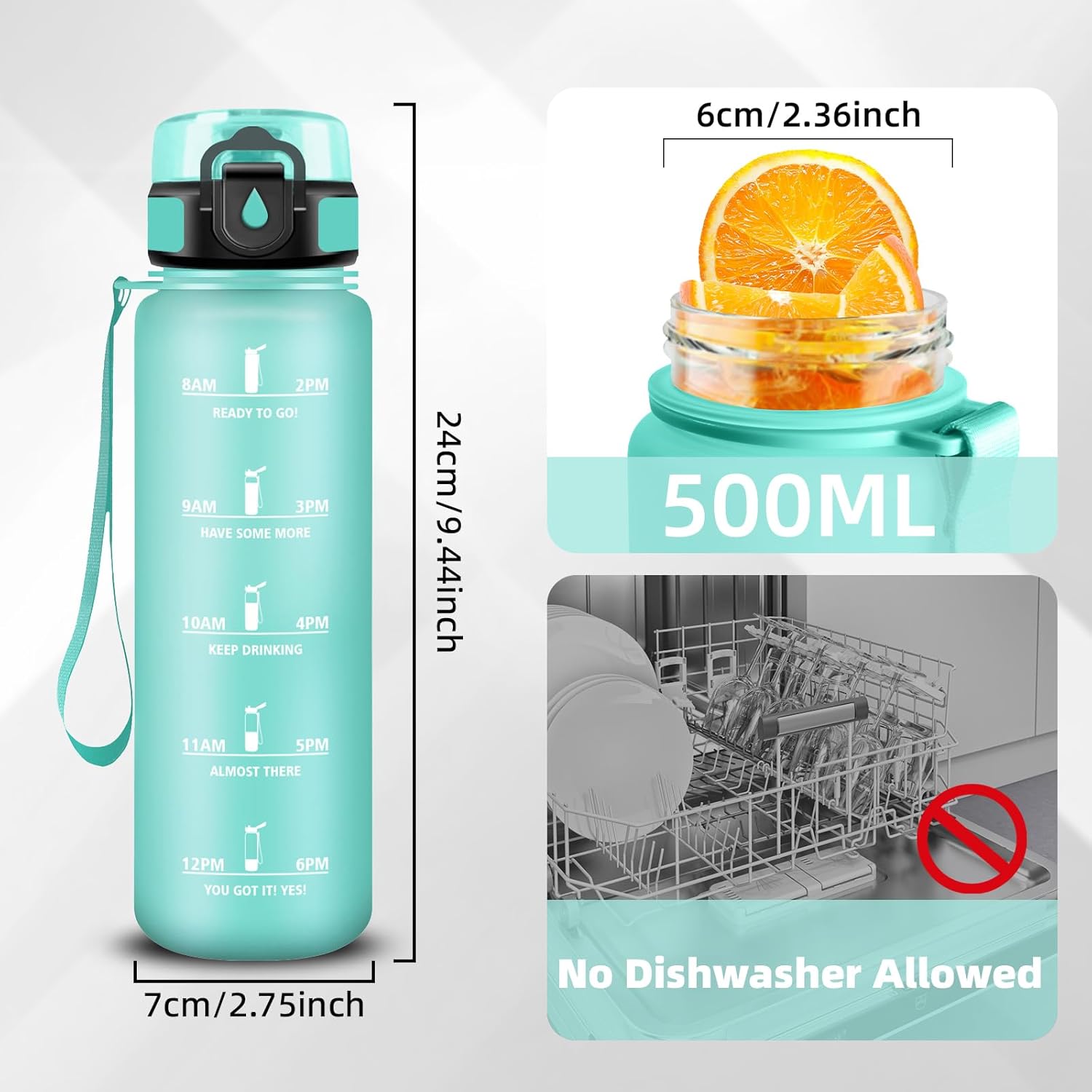 Children's Water Bottle, 0.5 Litre Water Bottle, Water Bottle with Time, Water Bottle with Time Marking, Easy to Clean, Children's Bottle for School, Outdoor, Camping, Running, Fitness, Office – Bild 4