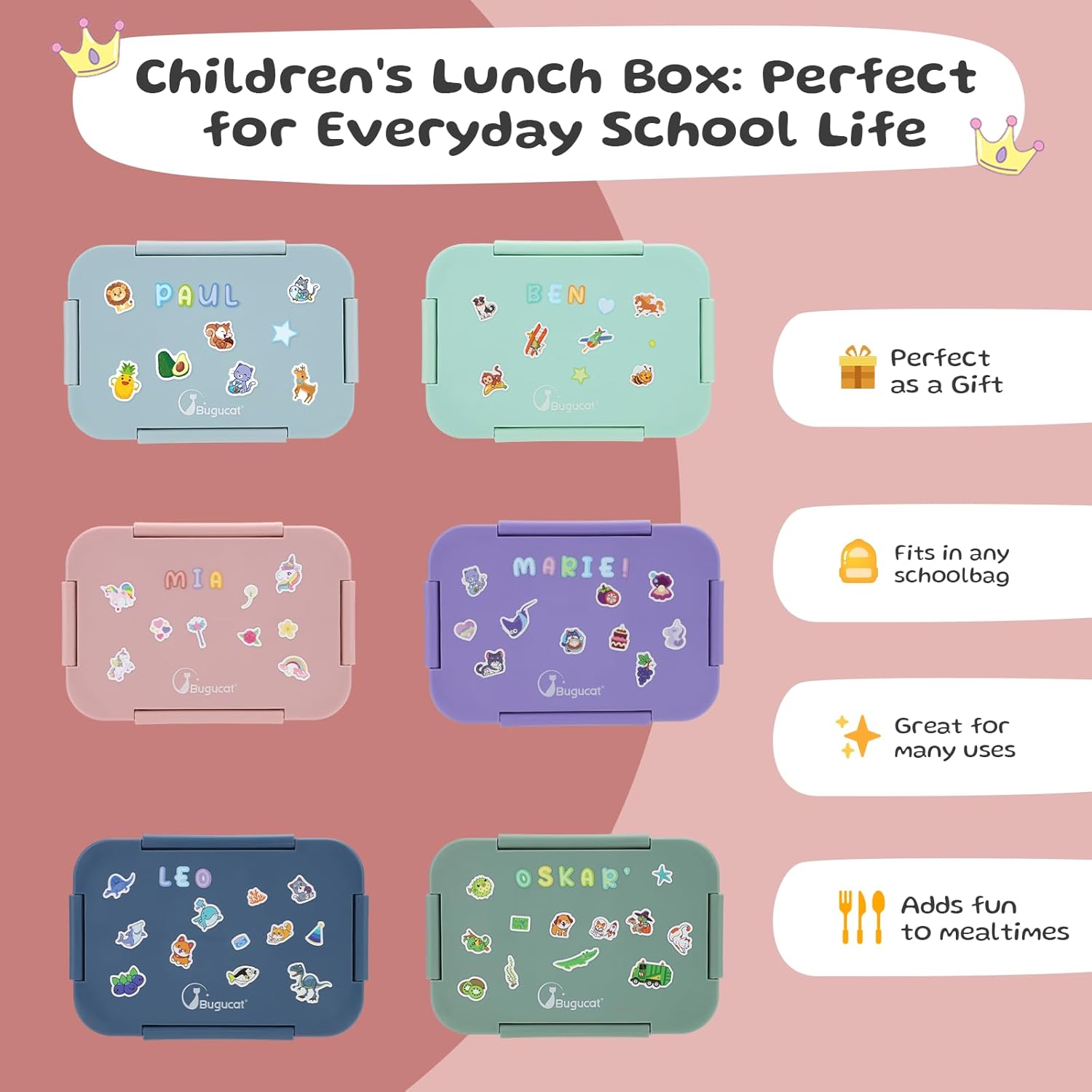 Bugucat Children's Lunch Box with Compartments, 1300 ml, Leak-Proof Lunch Box Children with 16 Stickers, Bento Box with Cutlery Set, Lunch Box, Lunch Box, Breakfast Box for Girls and Boys, Pink – Bild 7