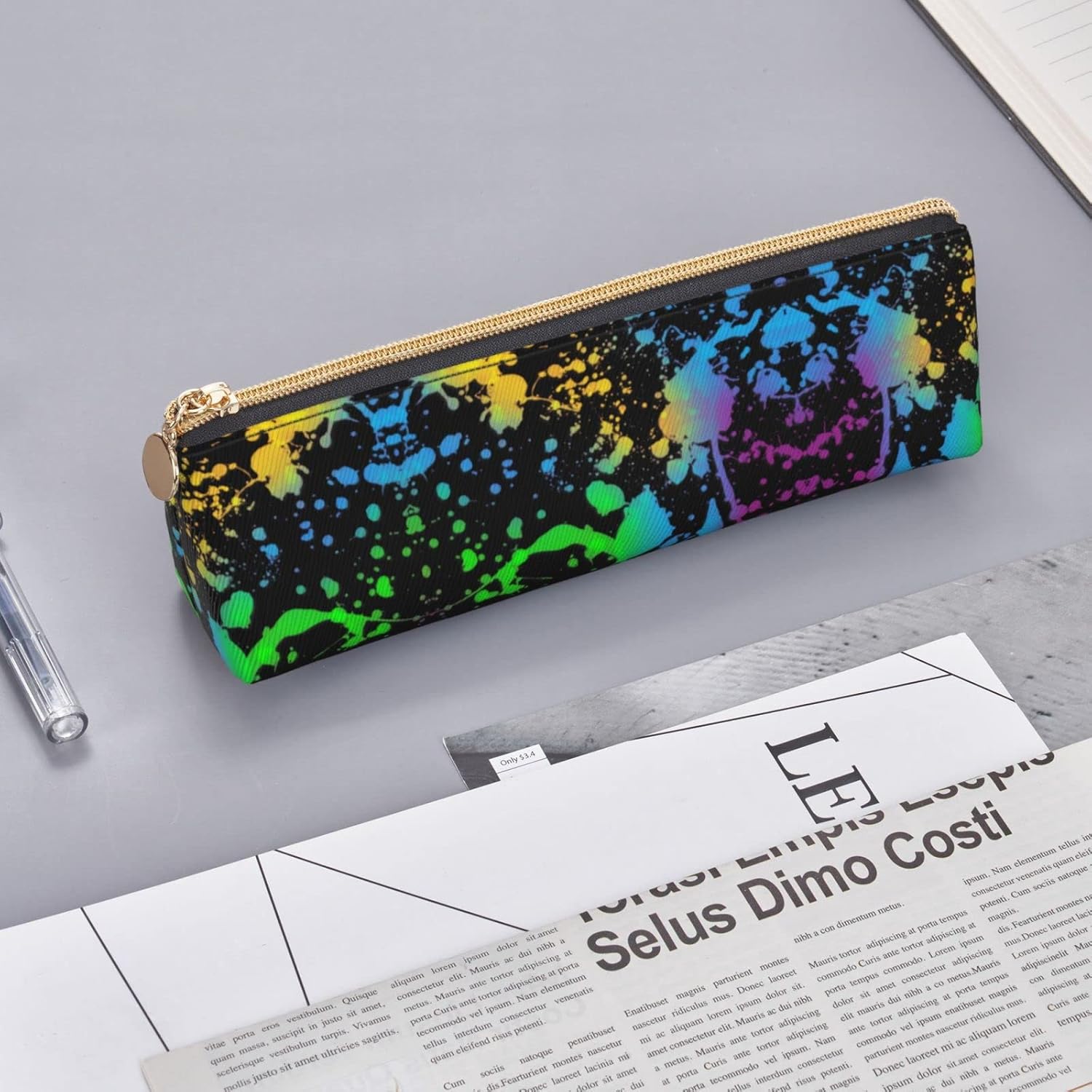 Rainbow Neon Paint Splash Pencil Case Triangle Pencil Case Portable Pencil Case Leather Organizer with Zipper Cosmetic Bag, White, Bag organiser – Bild 8
