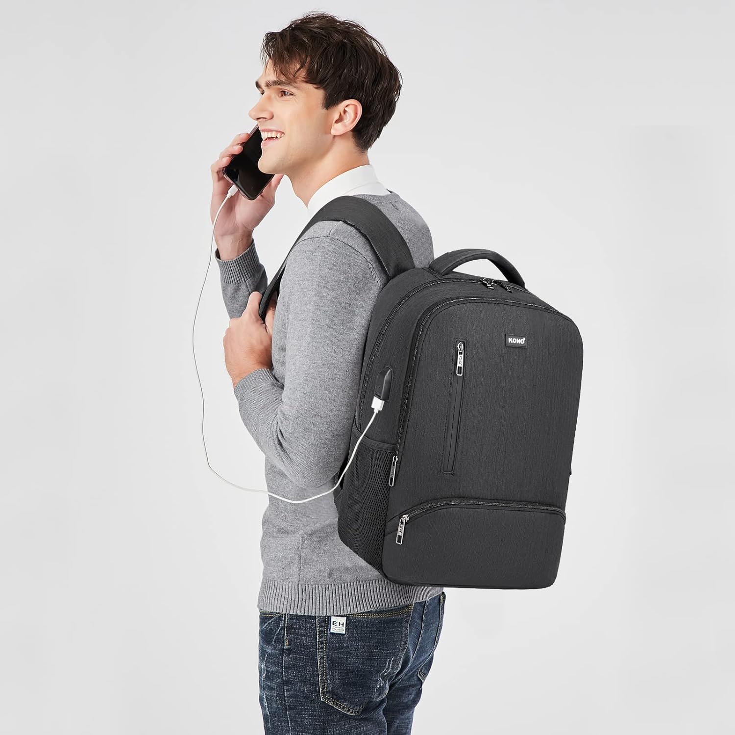 Kono Reise-Laptop-Rucksack mit USB-Ladeanschluss, wasserabweisend, für Arbeit, Business, Computertasche, Schultasche, Rucksack für Damen und Herren, lässiger Tagesrucksack, passend für 39,6 cm (15,6 – Bild 2