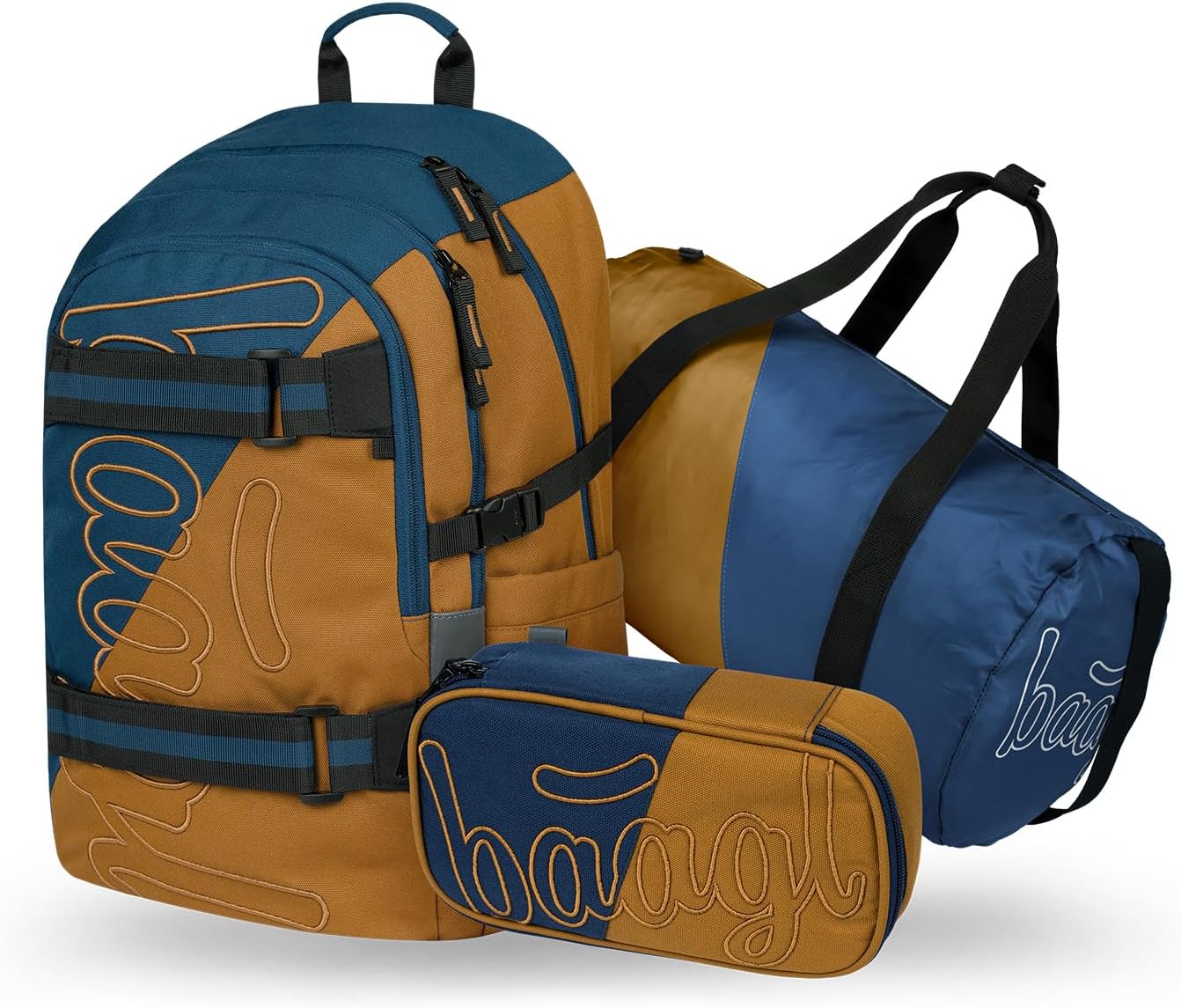 Baagl Schulrucksack Set Jungen 3 Teilig (Skateboard Rucksack, Mäppchen, Sporttasche), Schultasche ab 3. Klasse, Grundschule Ranzen mit Brustgurt, Ergonomischer Schulranzen, 25 l
