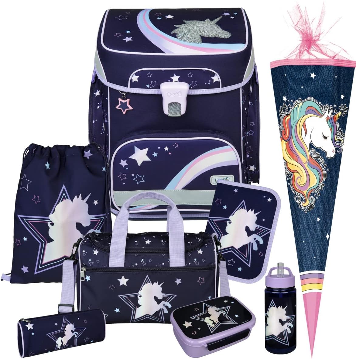 Dreamland Unicorn SCOOLI Undercover EasyFit School Bag Set 9 Pieces with Sports Bag, Lunch Box, Drinking Bottle and School Bag Rainbow Mane, Purple, Size: W 33 x H 36.5 x D 29 cm, purple, Sporty