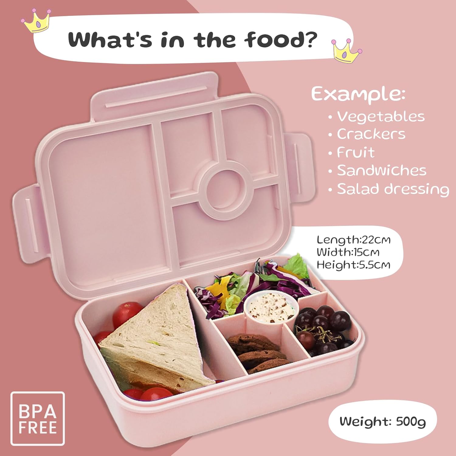 Bugucat Children's Lunch Box with Compartments, 1300 ml, Leak-Proof Lunch Box Children with 16 Stickers, Bento Box with Cutlery Set, Lunch Box, Lunch Box, Breakfast Box for Girls and Boys, Pink – Bild 2