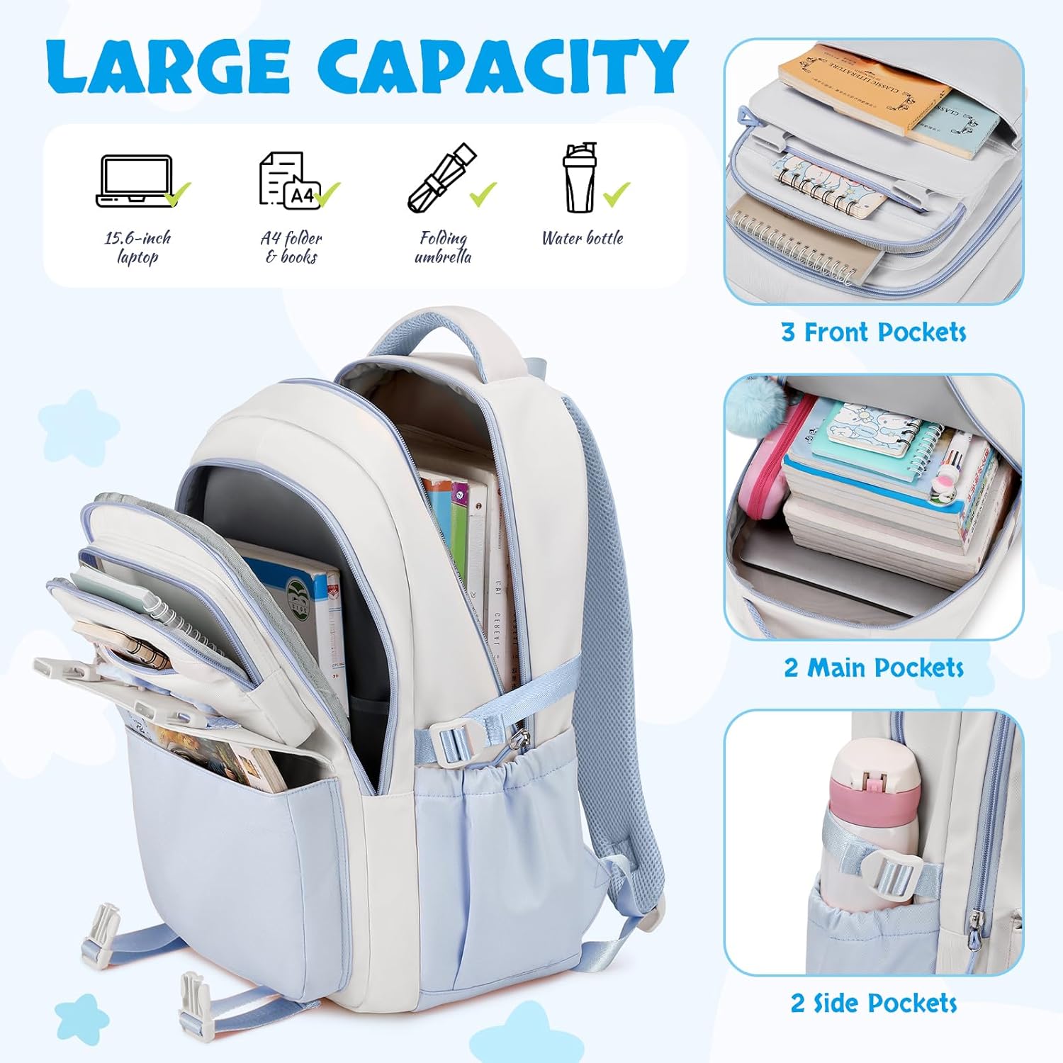 School Bag Girls Set, 3-Piece Casual Backpack for Girls 2nd to 5th Class with Lunch Bag Pencil Case, Multiple Compartments School Backpack Teenager, Children's School Bag, blue, Rucksack – Bild 3