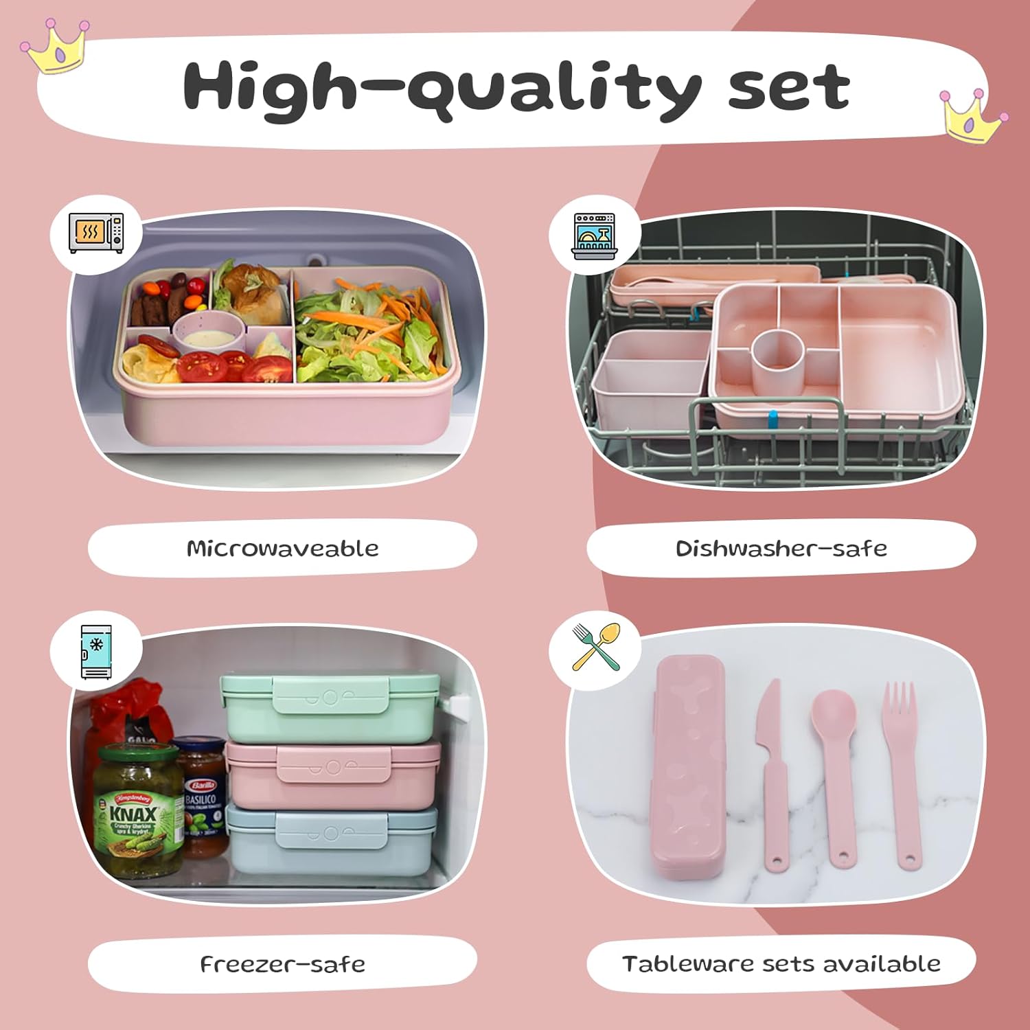Bugucat Children's Lunch Box with Compartments, 1300 ml, Leak-Proof Lunch Box Children with 16 Stickers, Bento Box with Cutlery Set, Lunch Box, Lunch Box, Breakfast Box for Girls and Boys, Pink – Bild 4