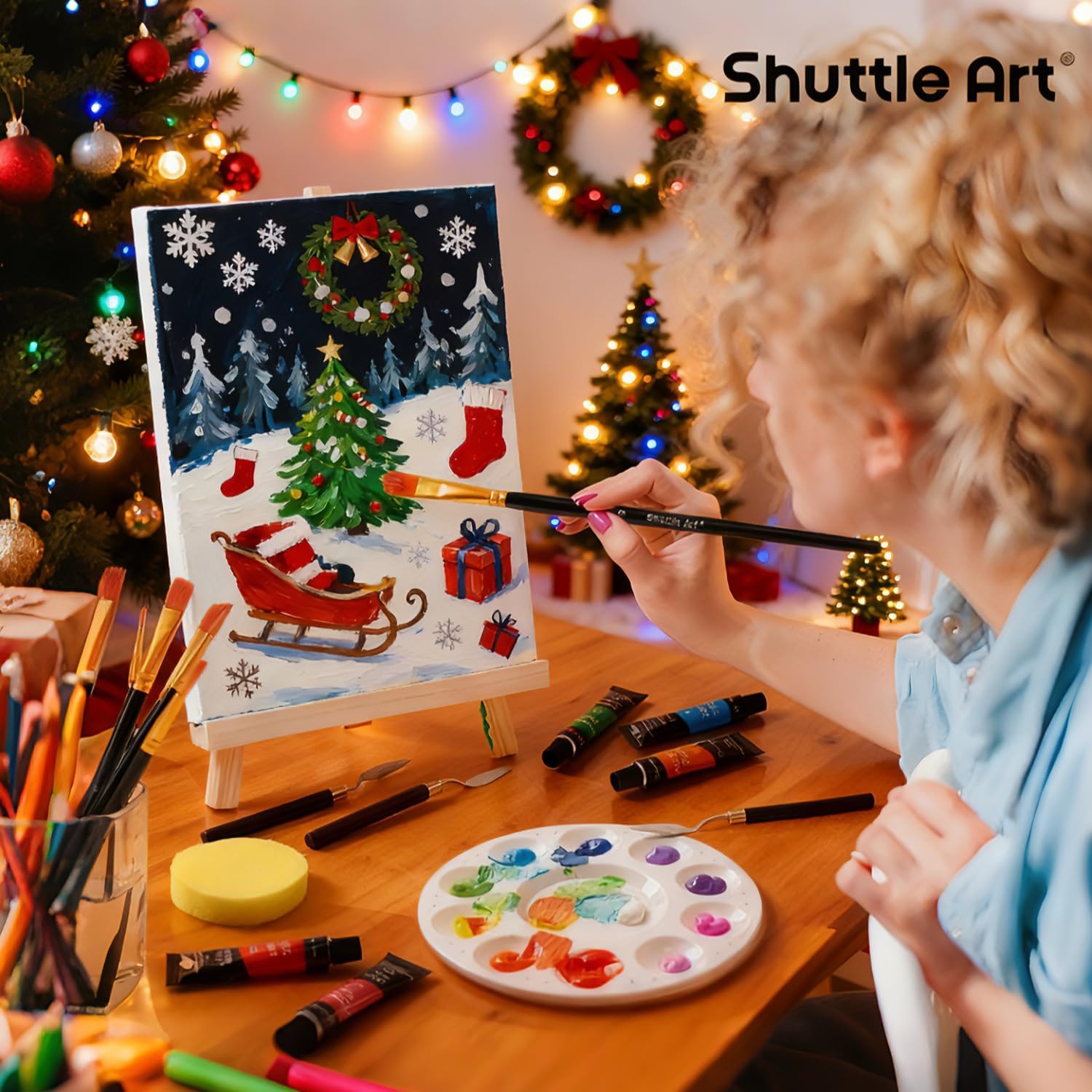 Shuttle Art 54-Piece Acrylic Paint Set, Professional Painting Set with Table Easel, 30 Acrylic Paints, Canvas, Brush, Palette, Complete Accessories, Painting Set for Children and Adults with Easel Wood – Bild 2