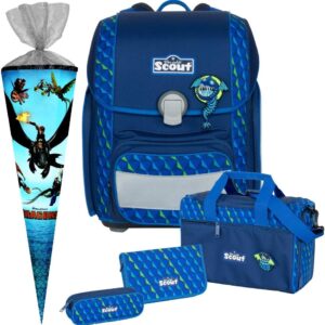 Flying Monsters - Dragon - Scout Genius with Funny Snaps School Bag Set 5 Pieces - Free School Bag, Blue, W 31 x H 40 x D 22 cm