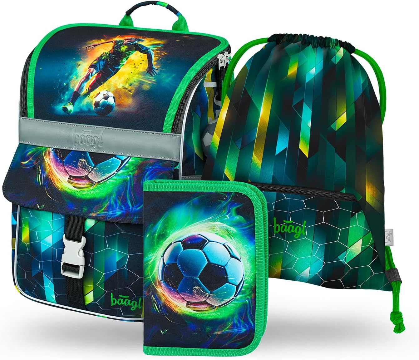 Baagl School Bag Boys Girls Set of 3 - Zippy School Bag for 1st Class - Primary School Satchel with Chest Strap - Ergonomic School Backpack, soccer player, School bag set