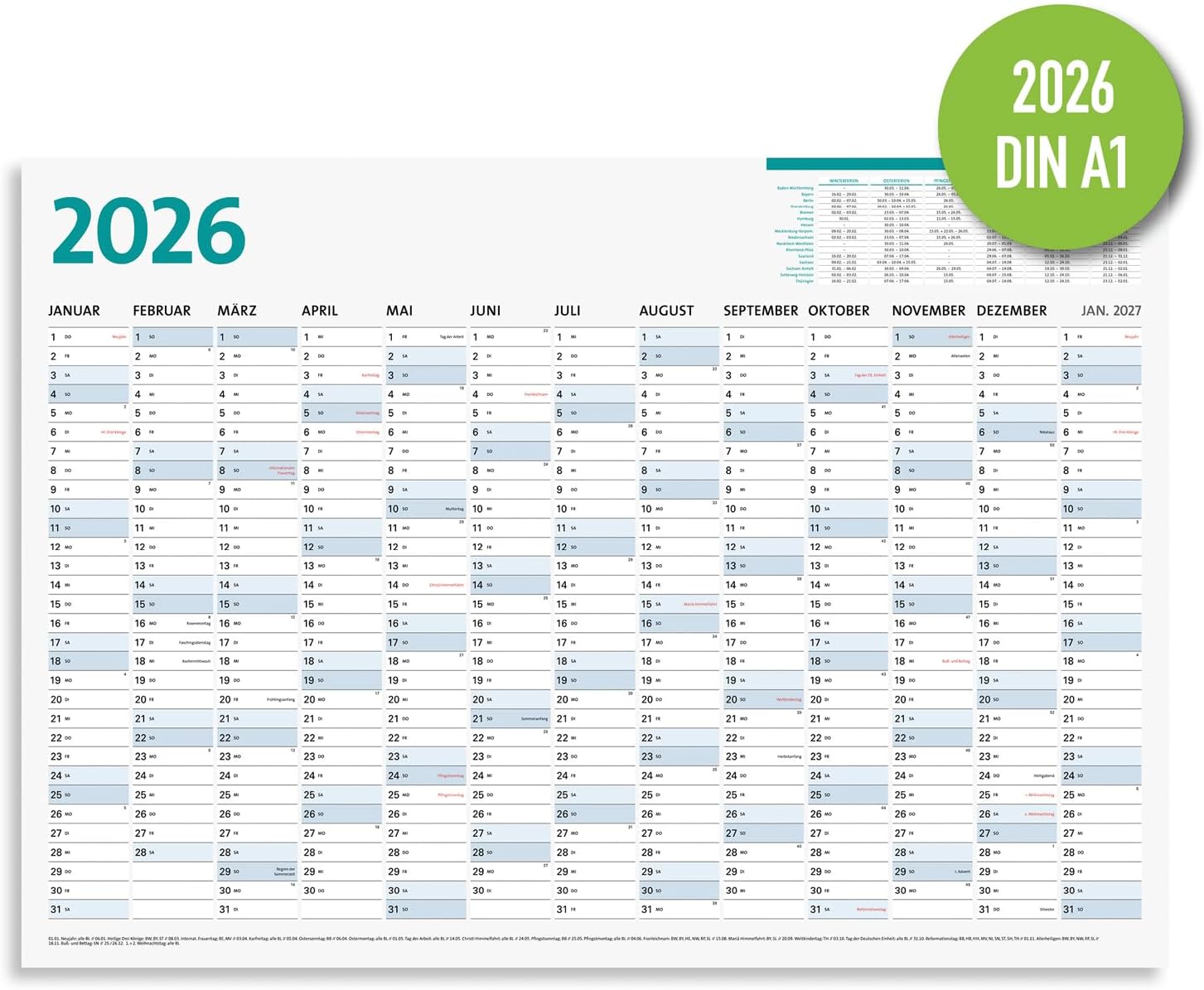 A1 Wall Calendar for 2026, Large Format (84.1 x 59.4 cm), 13 Months, Annual Calendar with Monthly Overview, Holidays, School Holidays, Monthly Planner, Folded Calendar, for Work, Office & Home – Bild 4