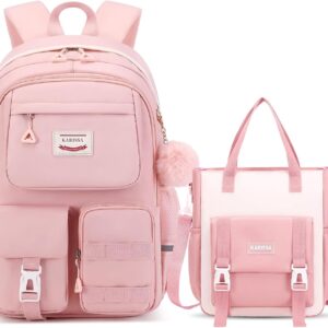 School Backpack Girls 2 Pieces, 29 Litre Backpack School Teenager School Bag for Girls 3rd 5th to 7th Grade, School Bag Set with Shopping Bag, 47 cm – Pink