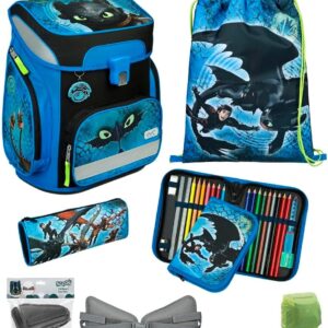 Familando Boys School Bag 1st Class · Scooli Easy Fit School Bag · Ergonomic & Lightweight · School Bag Set for Boys and Girls (6-Piece Set, Dragons Dragon Blue)
