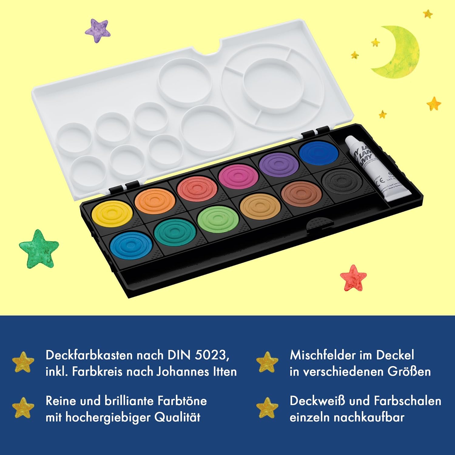 Lamy Aquaplus Black Paint Box with 12 Colours – Ideal for School Lessons – with Johannes Itten Colour Circle & Opaque White – Mixing Fields in Lid – Bild 2