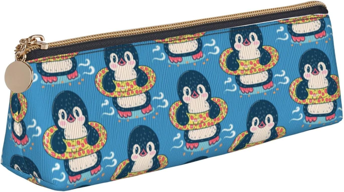 Federmäppchen mit schwimmendem Pinguin-Muster, dreieckiges Stiftetui, tragbares Federmäppchen, Leder-Organizer mit Reißverschluss, Kosmetiktasche