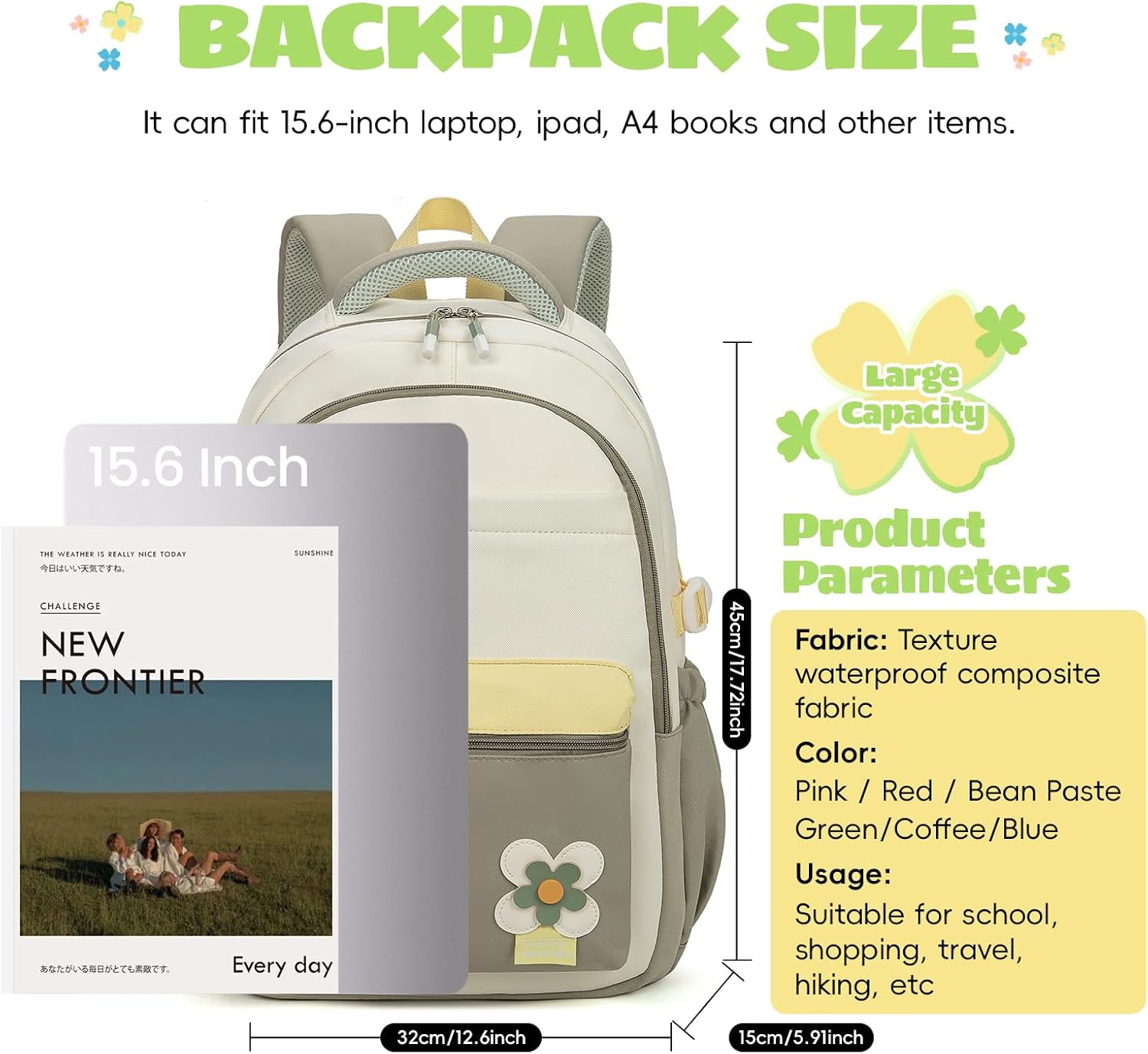 School Backpack Girls Teenagers 2025 Backpack School High School School Bag High Level Water-Repellent for 15.6 Inch Laptop School Bag Casual Travel 22L Green – Bild 2