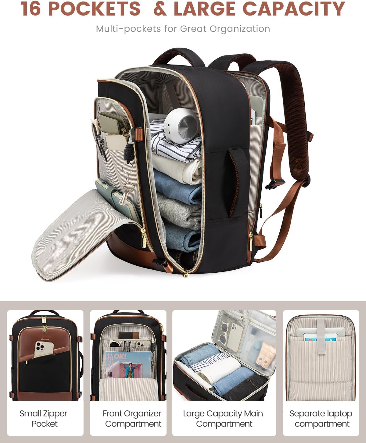 LOVEVOOK Hand Luggage Backpack Airplane, Travel Backpack Women's Waterproof Travel Backpack with Shoe Compartment Women Men Large 40L, Laptop Backpack with Laptop Compartment for School Work Camping – Bild 4
