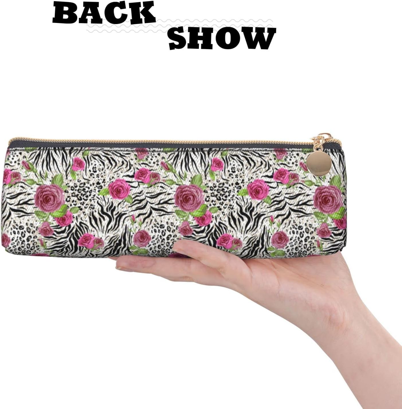 Leopard and Rose Floral Pencil Case Cosmetic Bag Pen Bag Triangle Leather Storage Bag with Zipper Stationery Organizer for Adults Office, Leopard And Roses Flowers Pattern 03, Bag organiser – Bild 5