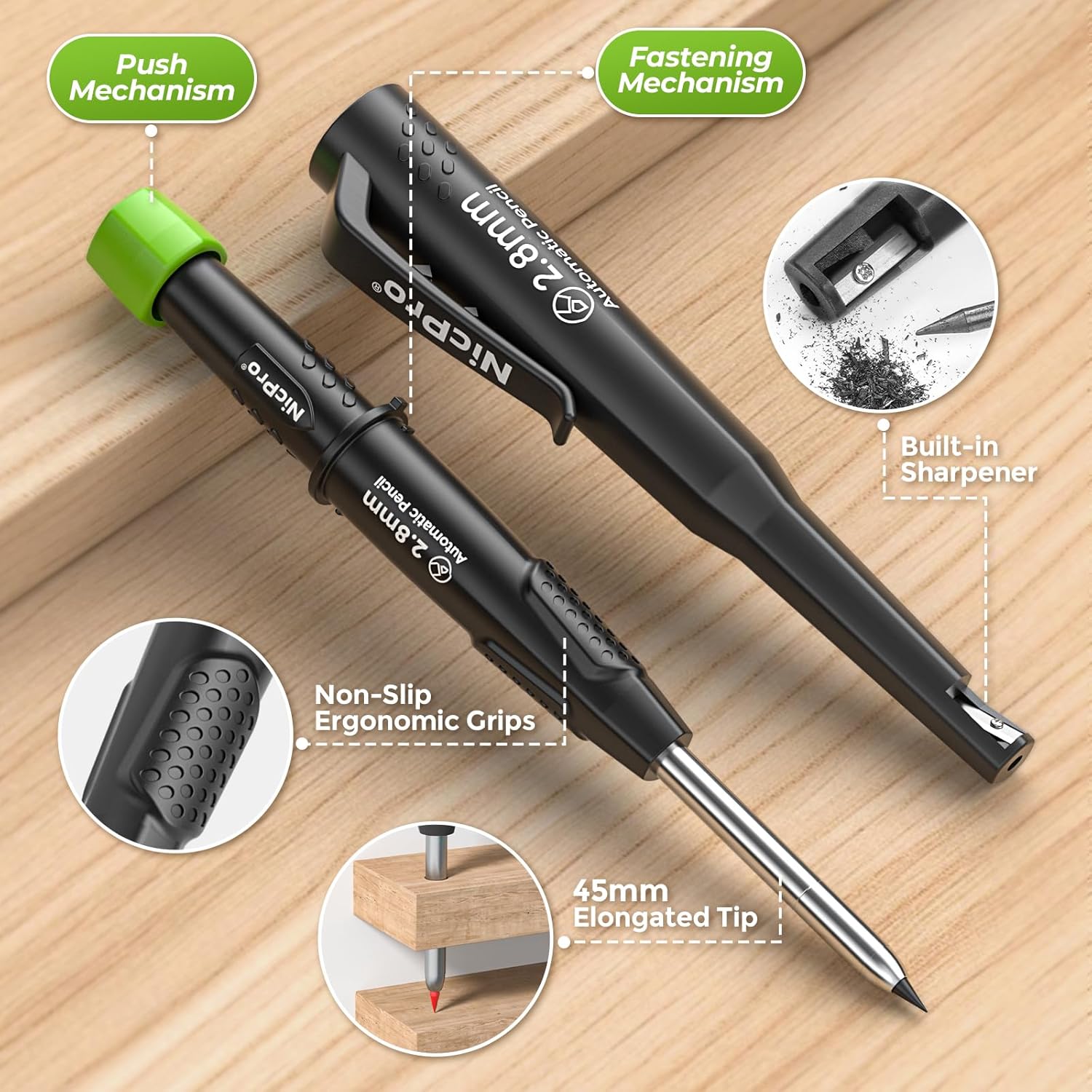 Nicpro Carpenter's Pencil with Sharpener, CP3000 Deep Hole Marker Pencils with 6 Leads in a Lead Dispenser, Deep Hole Mechanical Pencil for Construction, Heavy Duty Carpenter's Tools for Woodworking – Bild 2