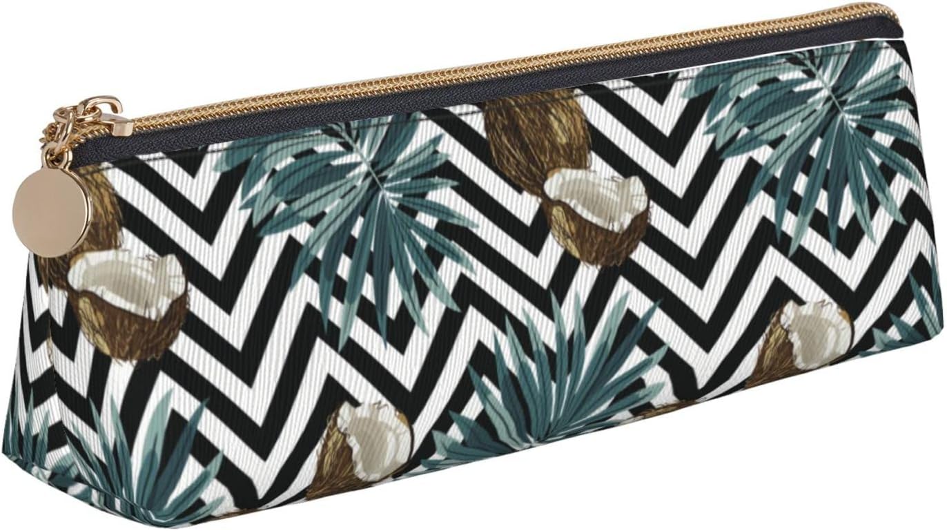 Tropical Fruit Coconut Pattern Pencil Case, Triangle Pencil Case, Portable Pencil Case, Leather Organizer with Zipper, Cosmetic Bag, White, Bag organiser