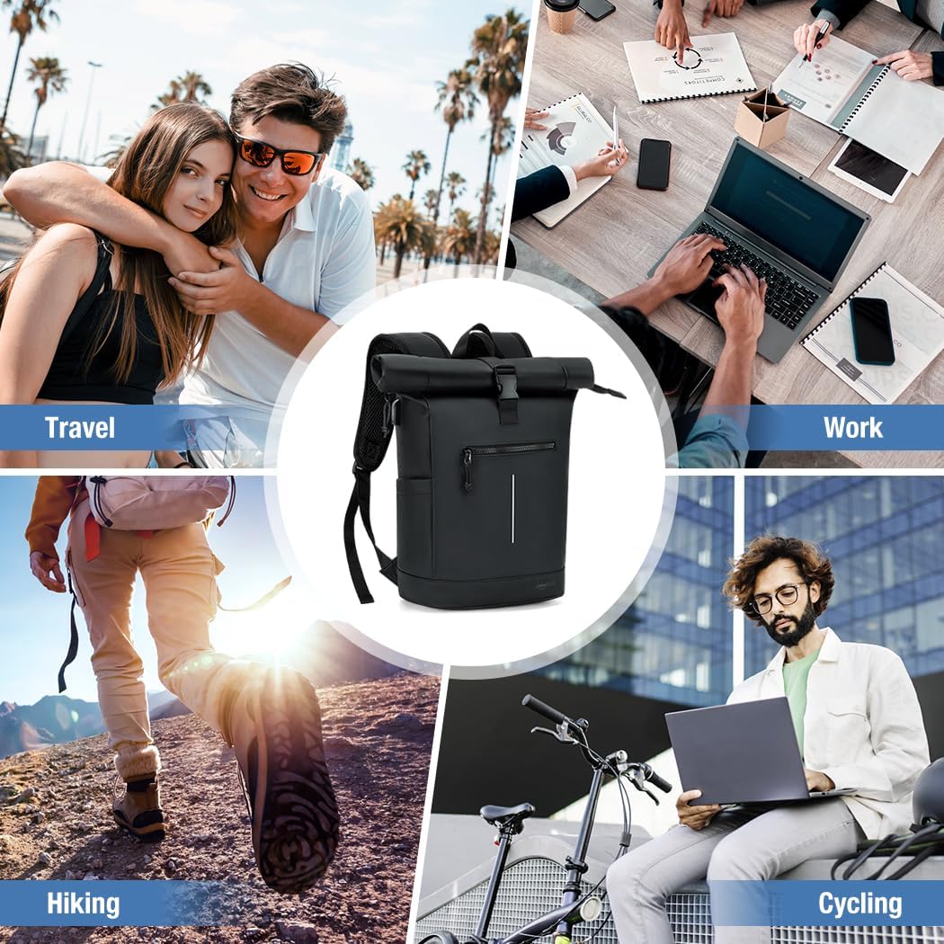 Laptop Backpack, Women's and Men's Roll-Top Waterproof Hiking Backpack, Lightweight, Black Large, XL, Casual – Bild 7