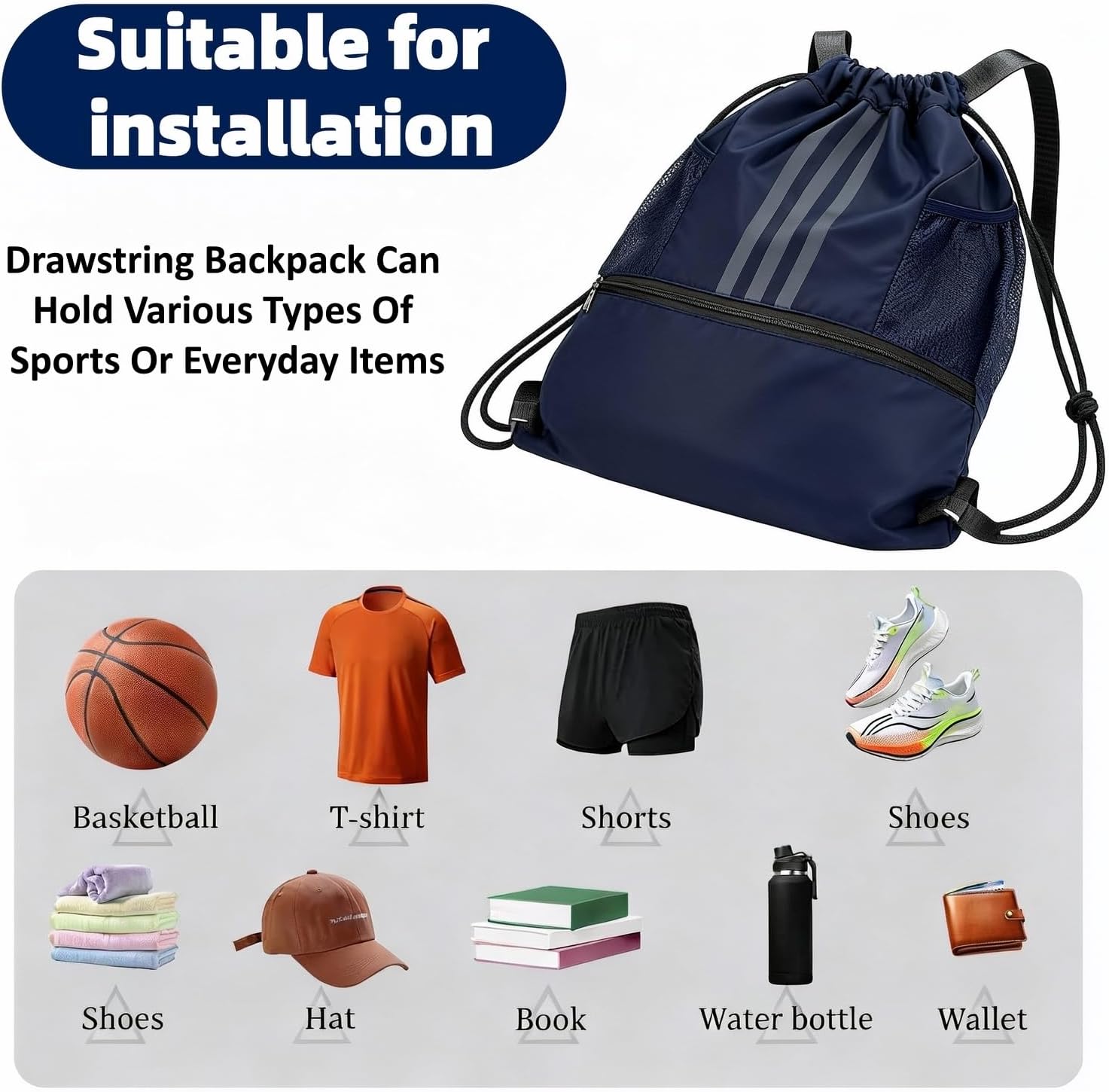 Gym Bag with Drawstring, Large Blue Sports Bag, Waterproof, Sports Bag with Shoe Compartment, Sports Backpack Gym Bag with Inner Pocket, Swimming Backpack Children with Wet Compartment, Swimming Bag – Bild 3