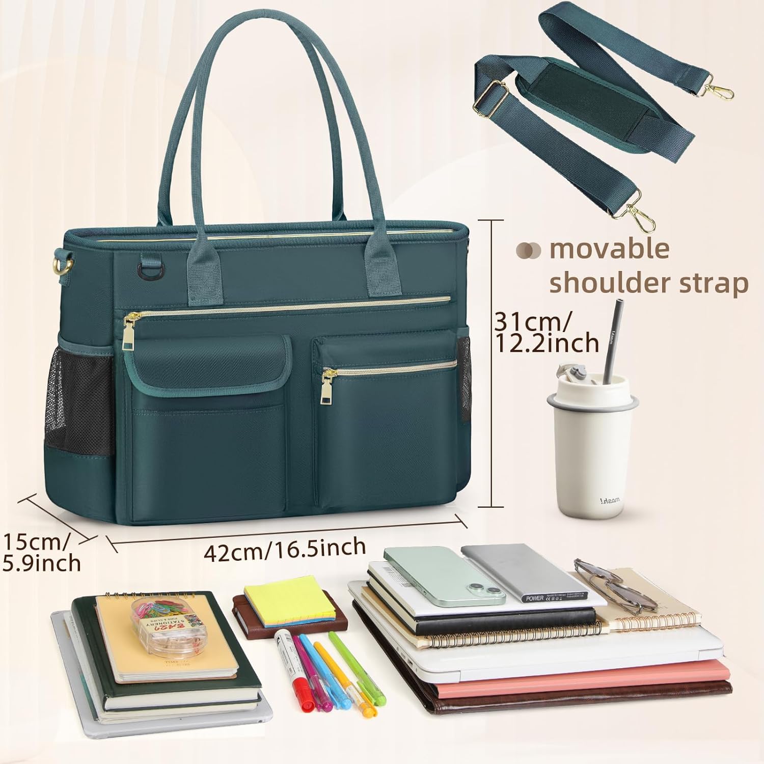 RAINSMORE Teacher Bag Women's Large Laptop Bag 15.6 Inch Work Bag with Insulated Bag Uni Nurse Bag for Work School Office Business University, dark green – Bild 6