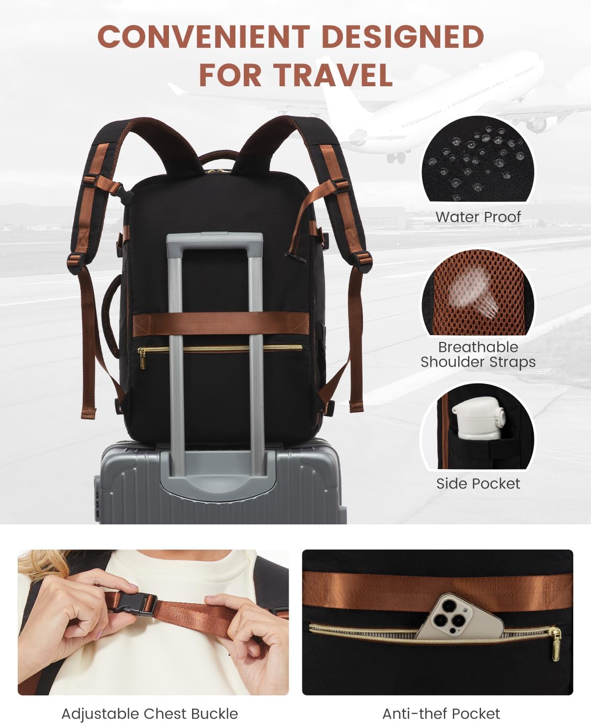 LOVEVOOK Hand Luggage Backpack Airplane, Travel Backpack Women's Waterproof Travel Backpack with Shoe Compartment Women Men Large 40L, Laptop Backpack with Laptop Compartment for School Work Camping – Bild 6
