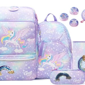 School Bag Set 6 Pieces Ergonomic Ultralight School Bag Girls Boys Children School Backpack Primary School Bags 1-4th Class Backpack 22 L, Unicorn-purple-6-piece, Rucksack