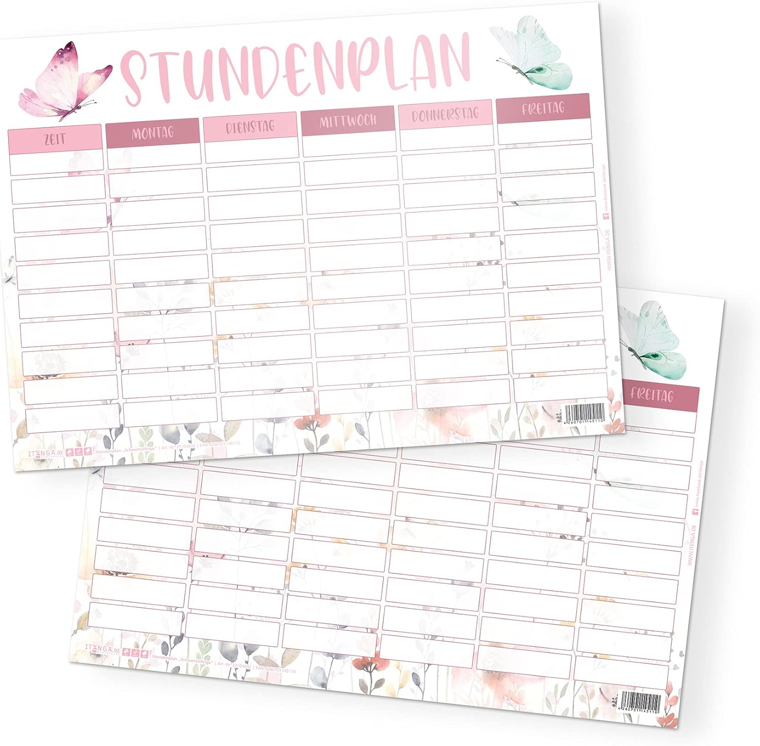 itenga Timetable DIN A4 with Motif Double-Sided One Side Wipeable 300 g Cardboard Timetable for Girls and Boys (Butterfly)