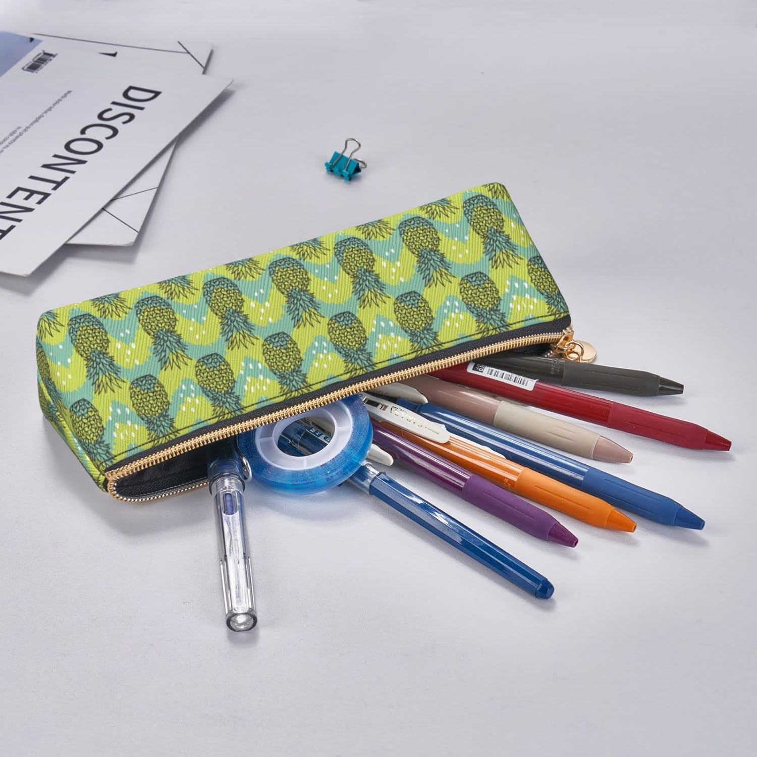 Tropical Fruit and Pine Pattern Pencil Case Cosmetic Bag Pen Pouch Triangle Leather Storage Bag Stationery Organizer with Zipper for Adults Office, Tropical Fruit Of Pineapple Pattern 01, Bag – Bild 7