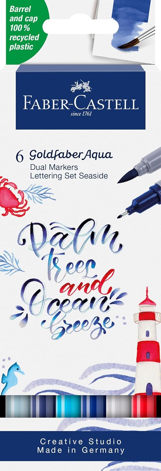 Faber-Castell Goldfaber Aqua Dual Marker Sea 164519 with Brush Tip and Fineliner Tip Pack of 6