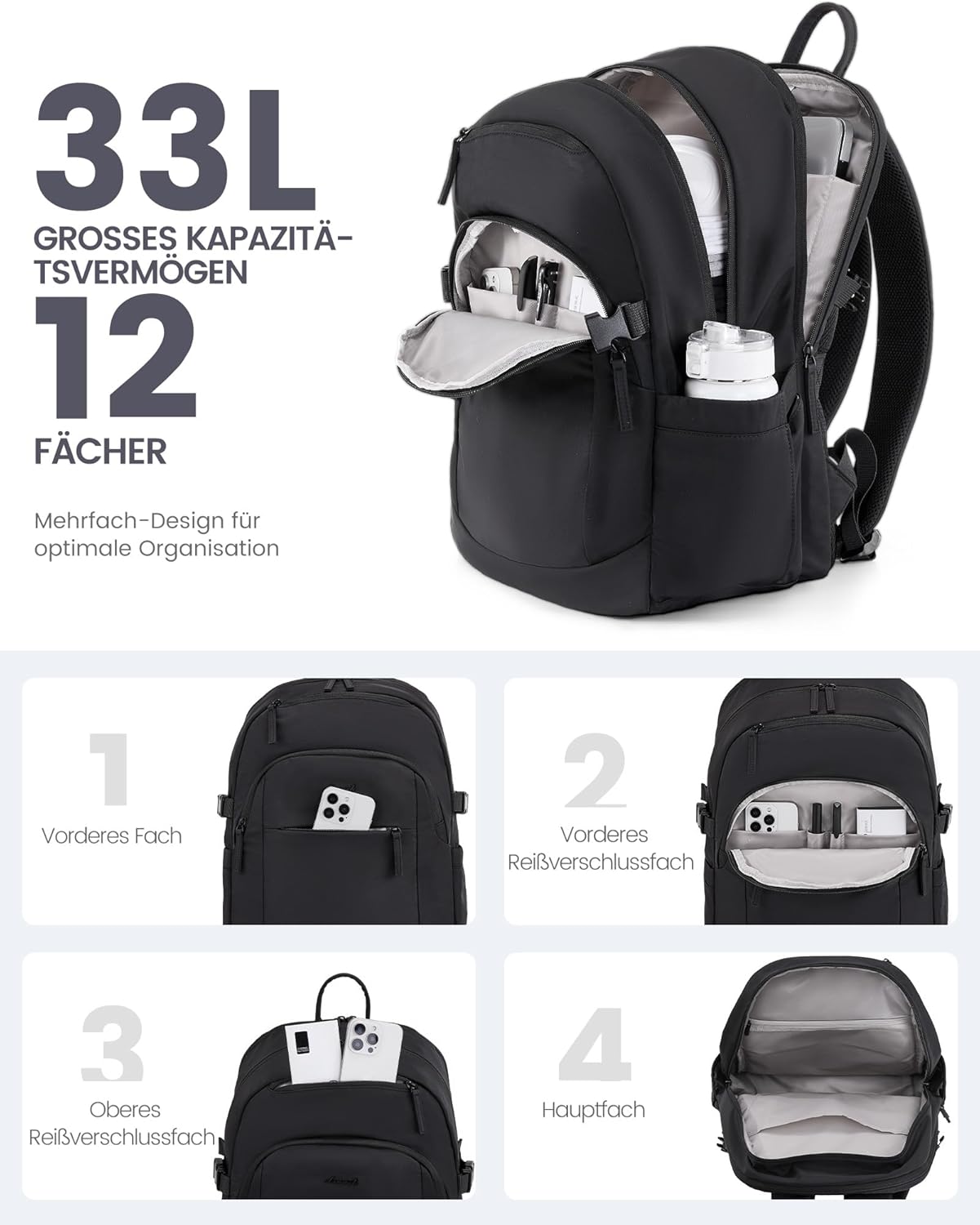 LOVEVOOK Backpack Women Men Large 17.3 Inch Laptop Backpacks, Waterproof School Backpack Teenager Daypacks Backpack Women, Work Bag, Teacher Bag, Travel Backpack for University Office, Black – Bild 4
