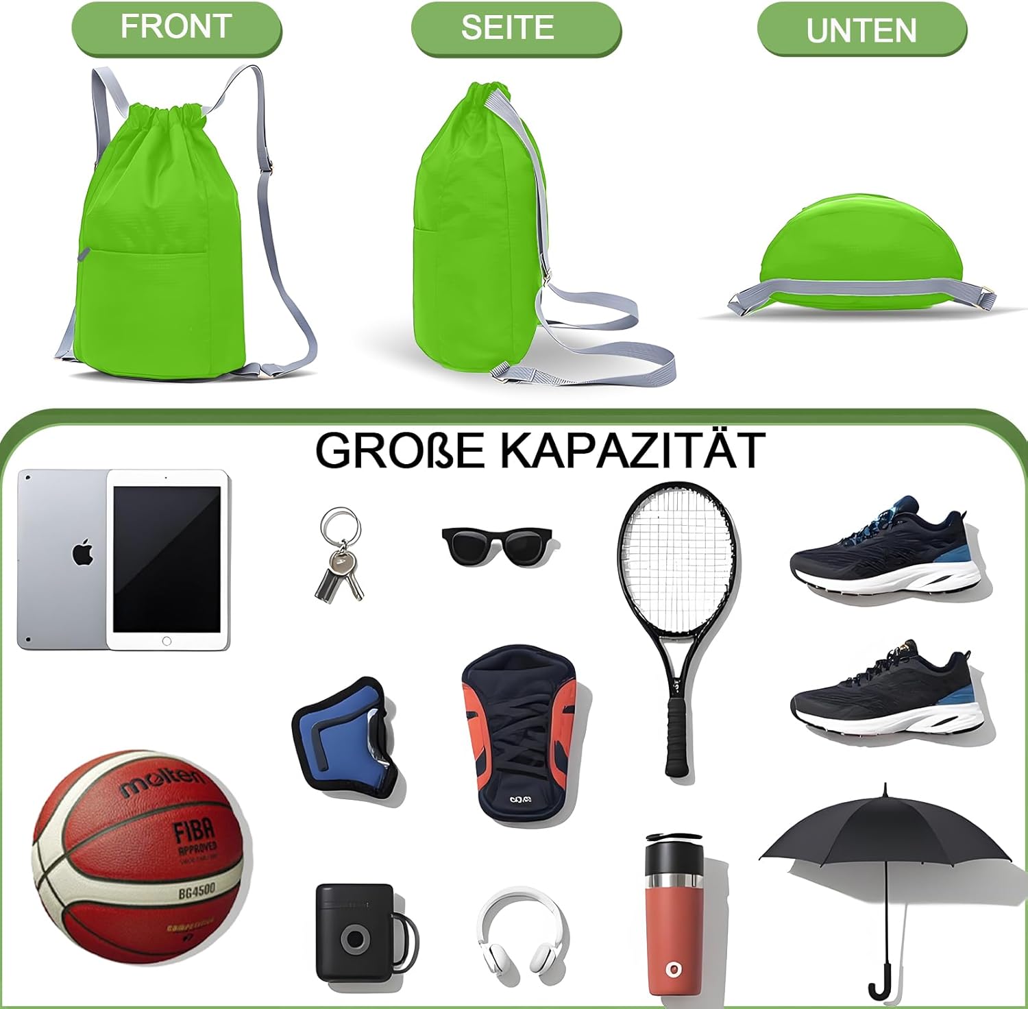 Waterproof Drawstring Bag, Gym Bag, Sports Bag, Men and Women, Foldable Large Capacity Bag with Drawstring Backpack, Drawstring Bag for Hiking, Camping, Travel – Bild 5