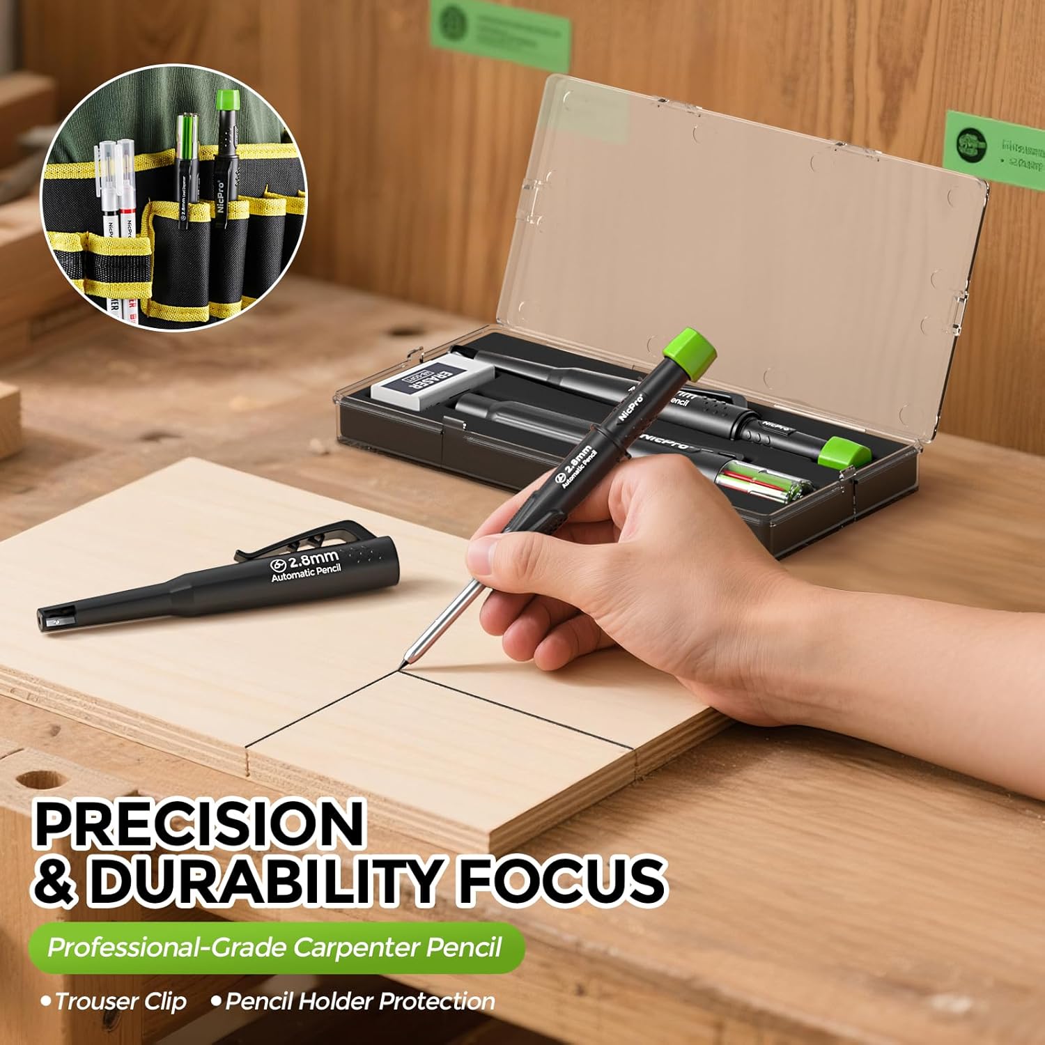 Nicpro Carpenter's Pencil with Sharpener, CP3000 Deep Hole Marker Pencils with 6 Leads in a Lead Dispenser, Deep Hole Mechanical Pencil for Construction, Heavy Duty Carpenter's Tools for Woodworking – Bild 6