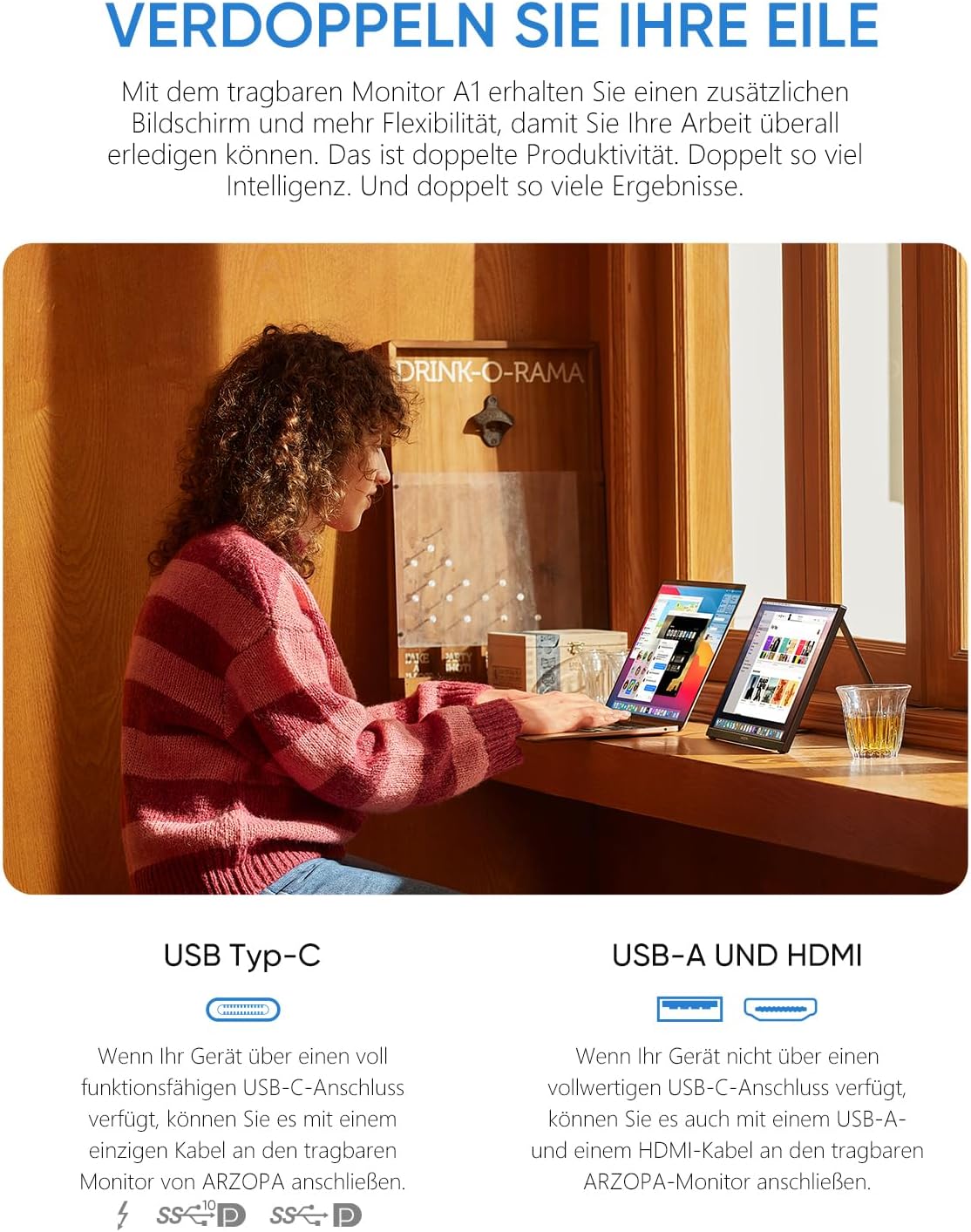 ARZOPA Portable Monitor, 15.6 Inch 1920 x 1080 FHD IPS Portable Monitor for Laptop with One Support Ultra Thin Second Screen for Laptop/PC/Mac/PS3/4/5/Xbox - USB C & HDMI Port - A1 – Bild 2