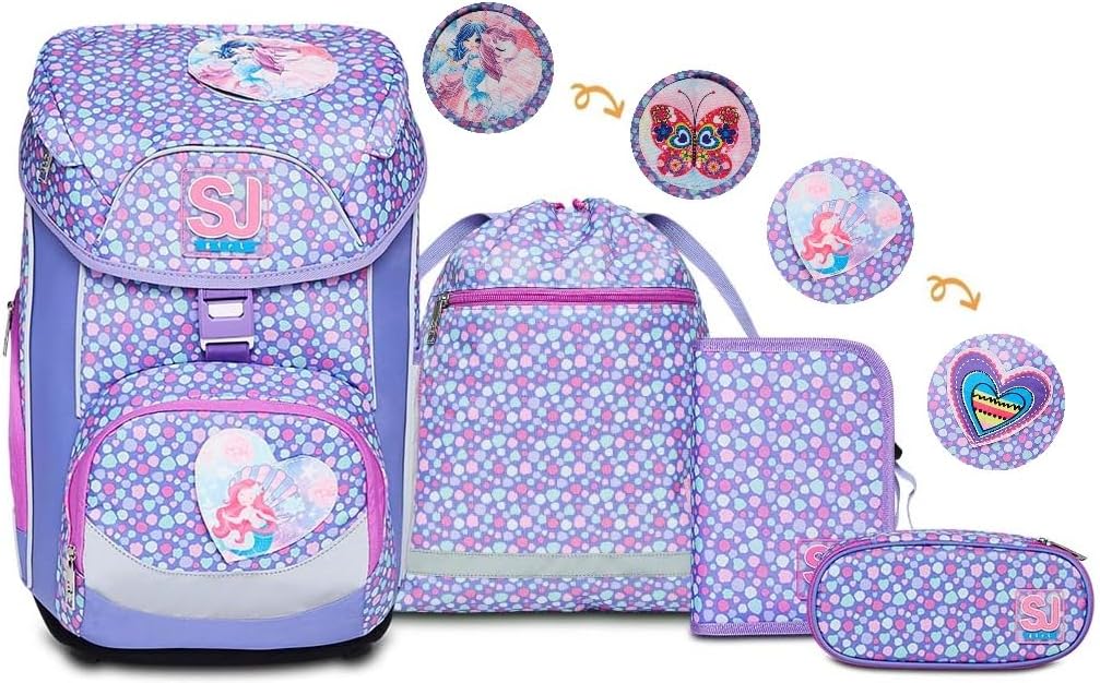 SJ Schulranzen Set 4-teilig Ergonomischer Schulrucksack, Ultraleichte Schultasche, 22 LT, ab 1. Klasse mit Mäppchen und Turnbeutel, Kinder Grundschule Mädchen Jungen