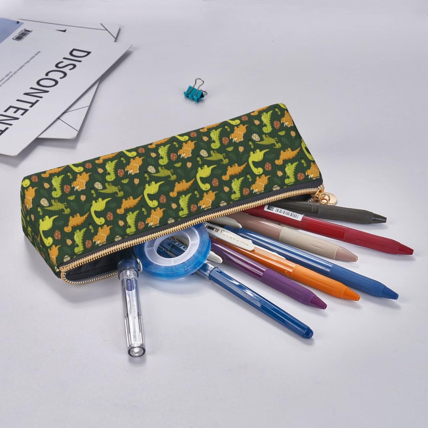 Dinosaur Pine Pencil Case Cosmetic Bag Pen Case Leather Triangle Storage Bag Zipper Stationery Organizer for Adults Office, Dinosaur Pineapple, Bag organiser – Bild 7