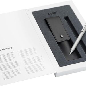Lamy Set of 1x econ 240 Ballpoint Pen Brushed Stainless Steel and 1x Leather Case in Black for Writing Instrument, Includes Large Refill M 16 Black Line Width M