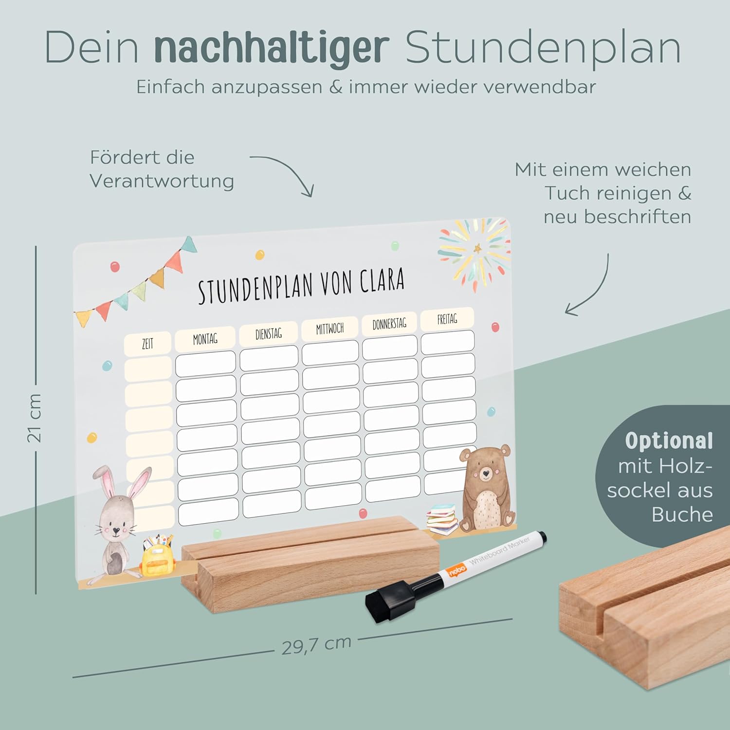 wunderwunsch® - Personalised & Washable Acrylic Timetable + Pen and Wooden Holder - School Gift for First Day of School or Primary School (Bar and Rabbit, without Wooden Holder) – Bild 5