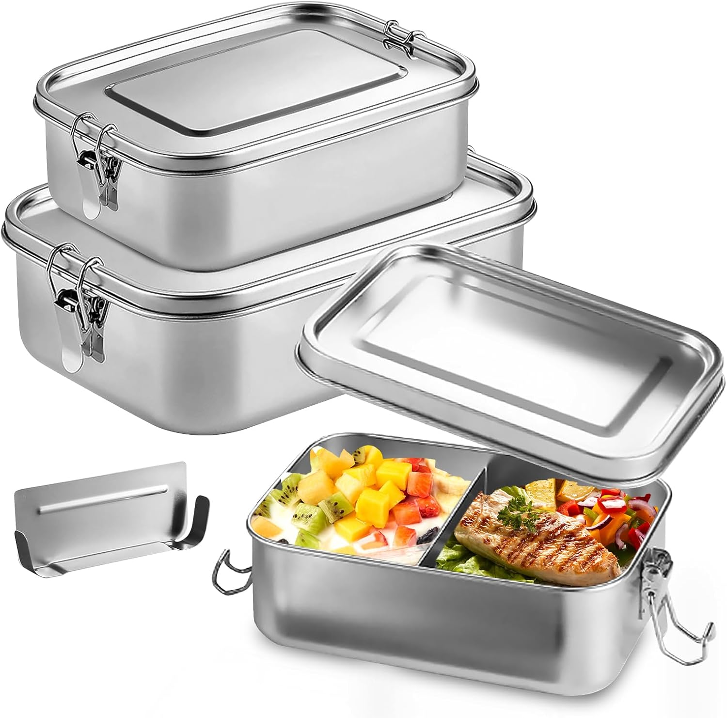 Stainless Steel Lunch Box, Pack of 3, Lunch Box, Leak-Proof Lunch Box with Compartments and Sealing Ring in Volumes 2400 ml, 1400 ml and 850 ml, 304 Steel Bento Boxes for School, Work