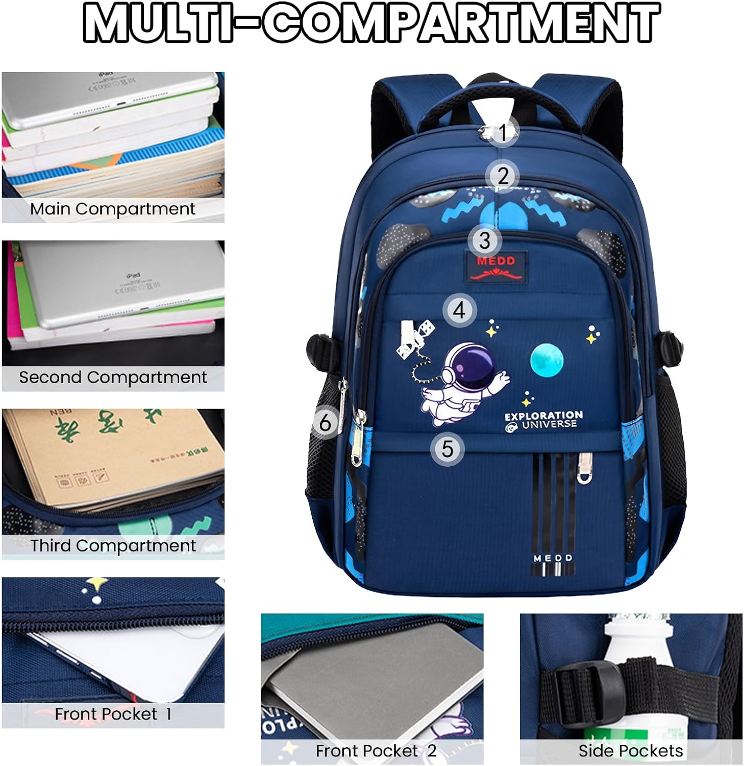 IvyH Kids Backpack Boys School Bag for 1-6th Grade, Waterproof Lightweight Large Capacity Backpack School for Boys from 6-12 Years, Ergonomically Designed Backpack, #8484-Blue, L, Rucksack Backpacks – Bild 4
