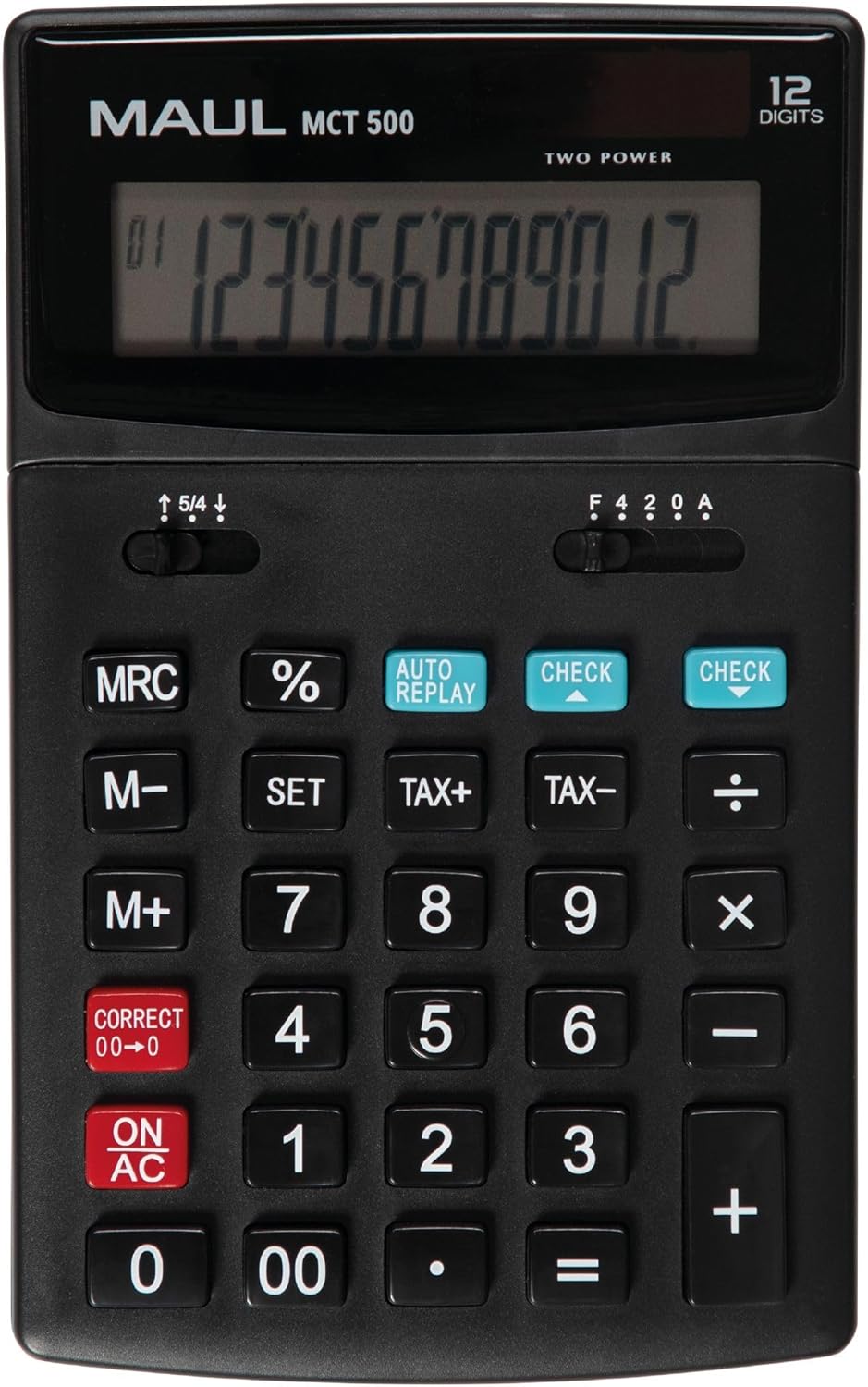 MAUL Commercial Calculator MCT 500 | Calculator with Commercial Functions and 12-Digit Display | Large Angled Display | Includes Tax Calculation | Solar/Battery | Black