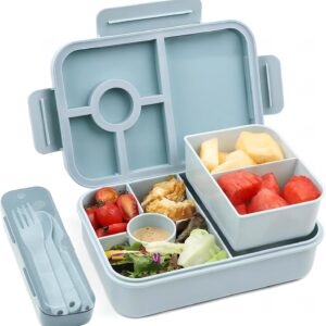 Bugucat Children’s Lunchbox with Compartments, 1300 ml, Leak-Proof, Bento Box with Cutlery Set, Sandwich Box for Adults, Breakfast Box for Girls and Boys, Blue