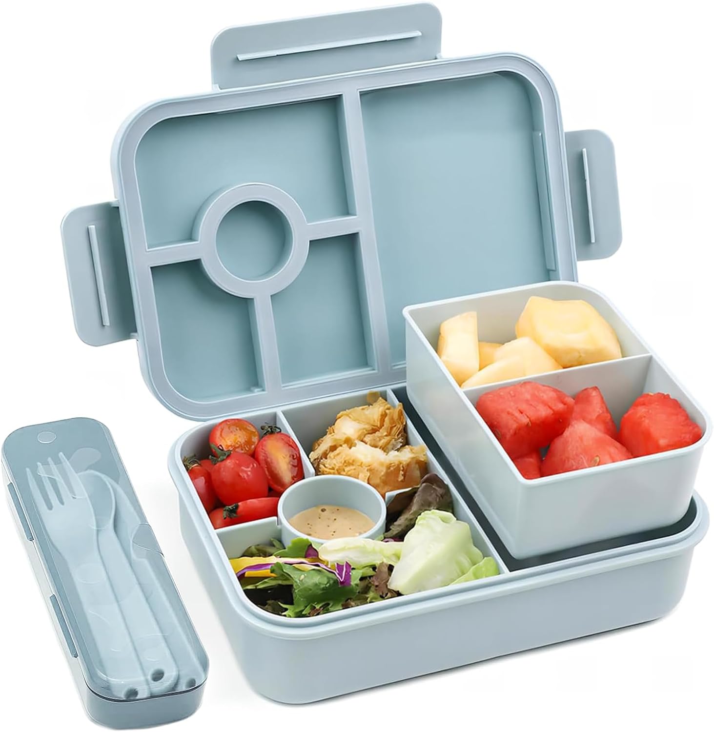 Bugucat Children's Lunchbox with Compartments, 1300 ml, Leak-Proof, Bento Box with Cutlery Set, Sandwich Box for Adults, Breakfast Box for Girls and Boys, Blue