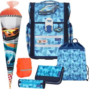 Race Car Cars McNeill Ergo Mac with McAddy School Bag Set 6 Pieces with School Bag Rain Safety Cover Included, lightblue