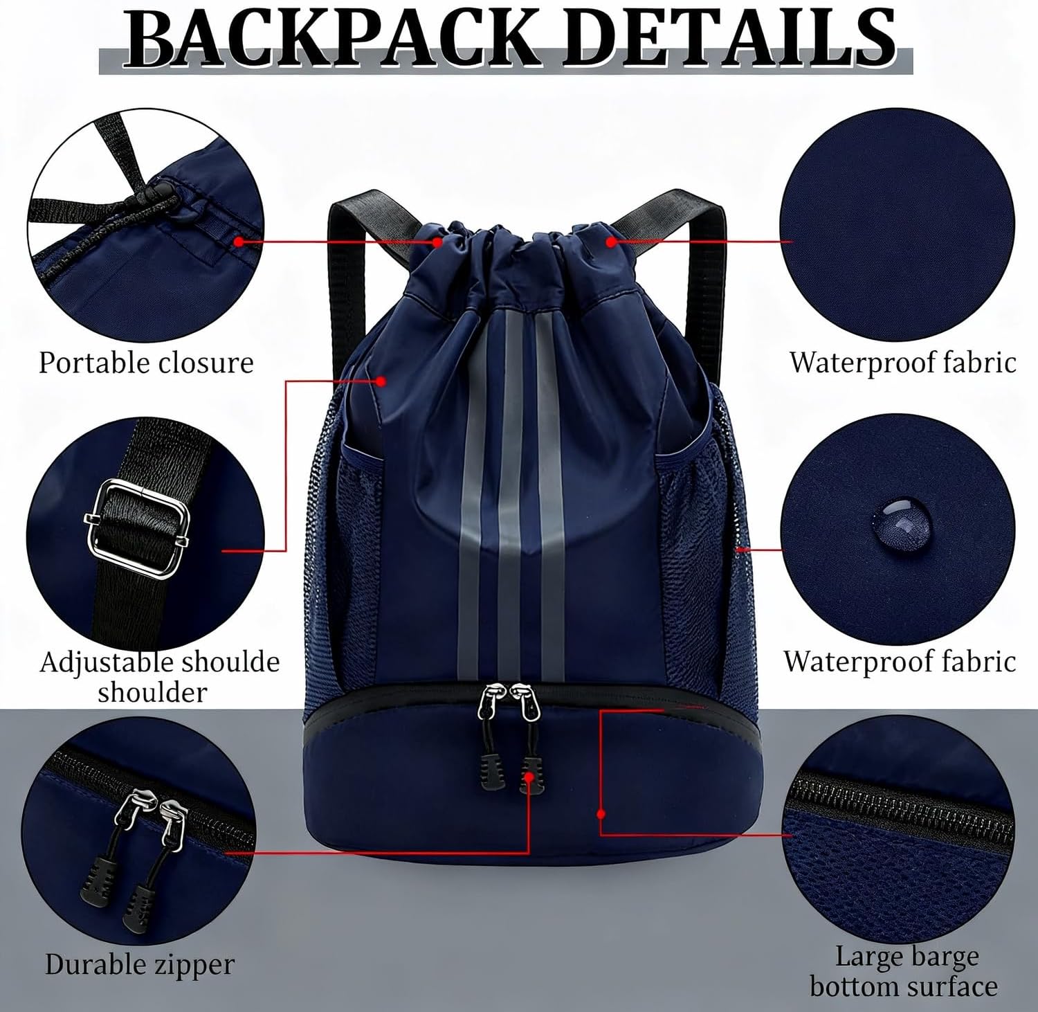 Gym Bag with Drawstring, Large Blue Sports Bag, Waterproof, Sports Bag with Shoe Compartment, Sports Backpack Gym Bag with Inner Pocket, Swimming Backpack Children with Wet Compartment, Swimming Bag – Bild 4