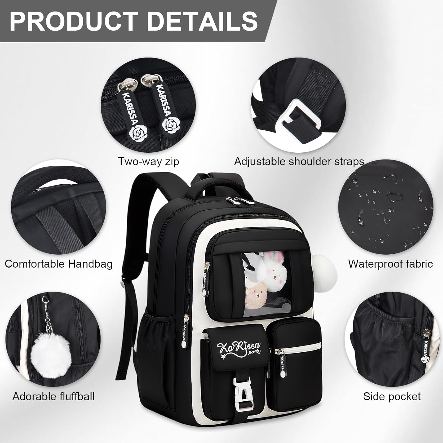 School Backpack Girls School Bag School Bag Teenager 1st - 5th Grade, Waterproof, Lightweight, Breathable with Pom Pom Pendant, Multiple Compartments, Laptop Backpack for Primary School Middle – Bild 4