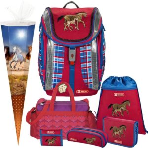 Horse Family Step by Step Flexine School Bag Set 7 Pieces with Sports Bag and School Bag, red